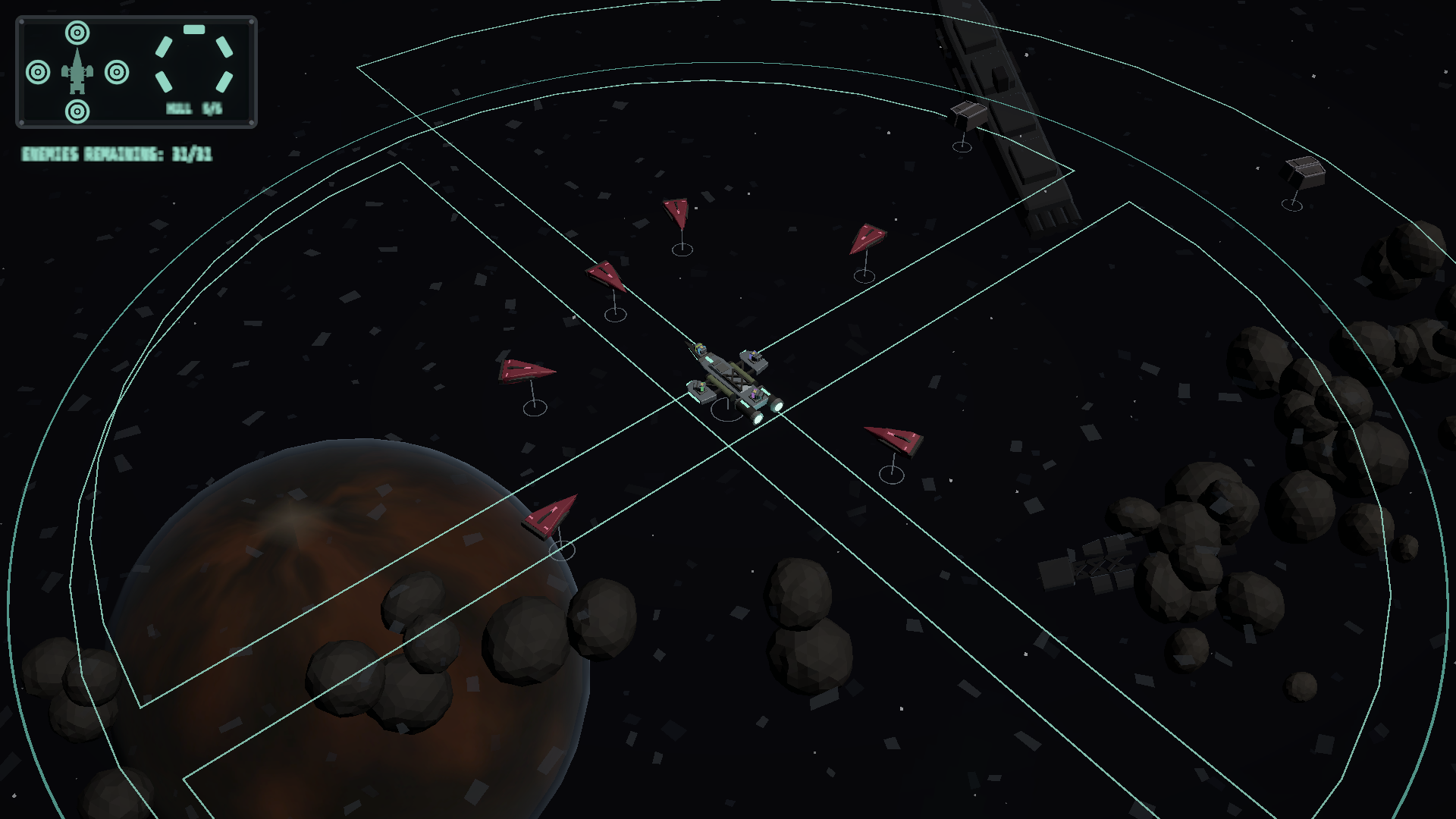 The player ship facing a pack of hostile vessels among wreckage and asteroids in actual Grasp of Eternity gameplay.