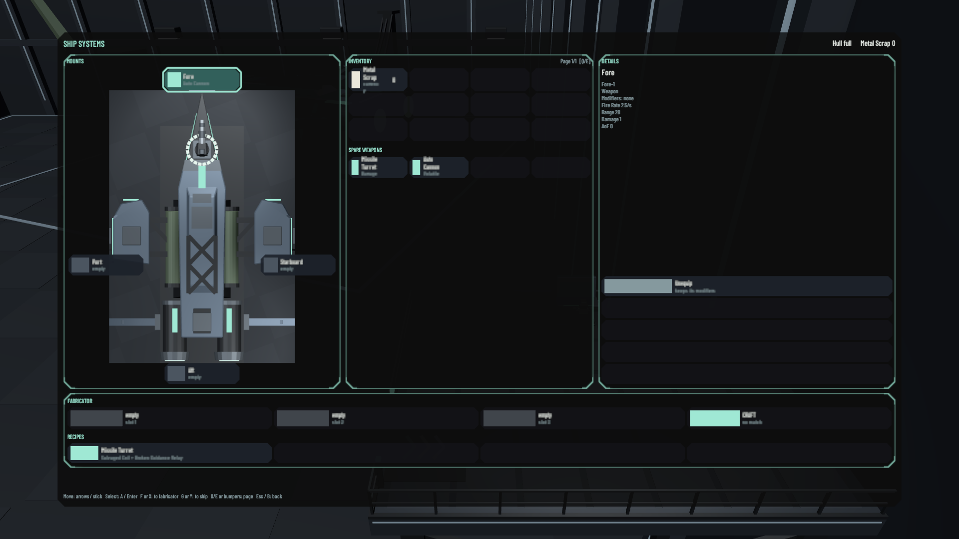 The ship systems console showing the ship, four mount positions, inventory, weapon details, crafting slots and recipes.