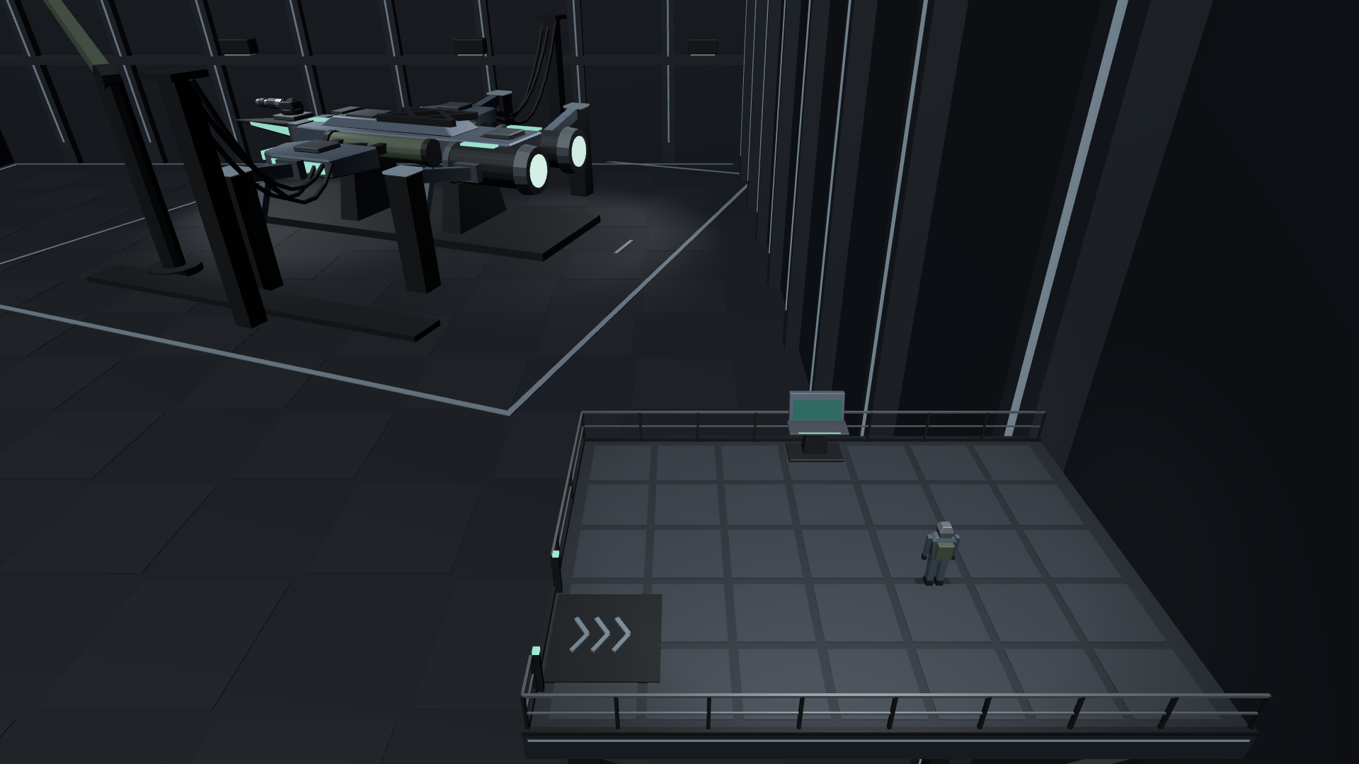 A small pilot standing on a raised industrial hangar platform across from the docked player ship.